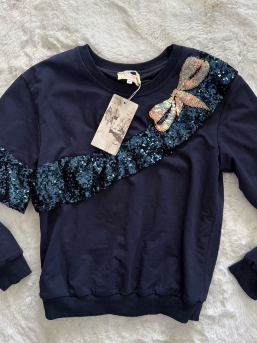 NWT Hannah Banana Sequin Ruffle Bow Sweatshirt ~Navy